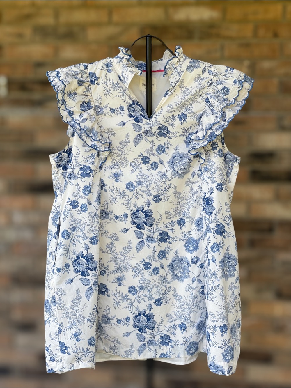 Umgee XL Blue White Floral Toile Ruffle Sleeve Cotton Dress